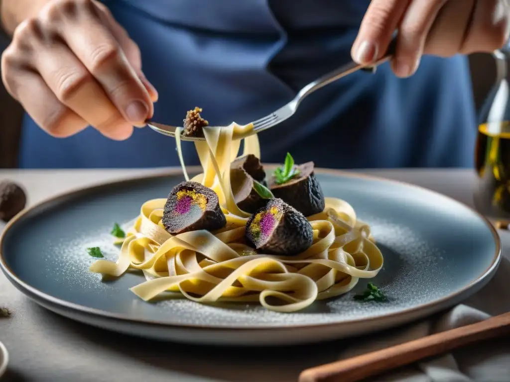 Un chef francés delicadamente rallando trufas de Borgoña sobre tagliatelle casero, con vino borgoñón