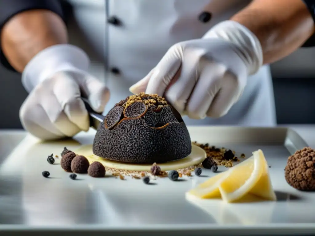 Chef francés innovando con trufas francesas en postre gourmet