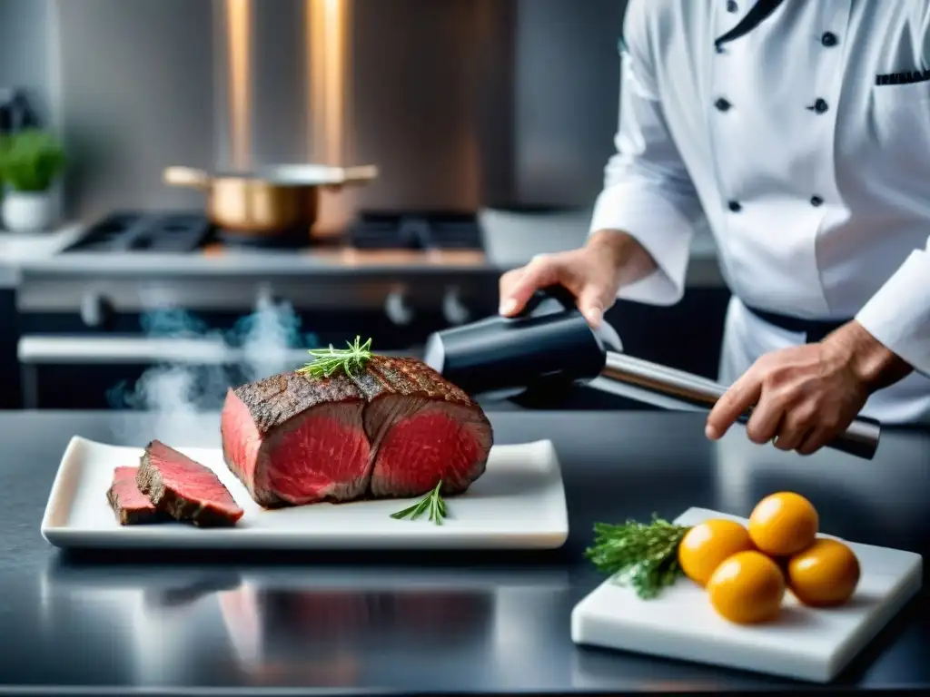 Chef francés sellando al vacío un filete sazonado para cocinar al método Sous Vide Carne