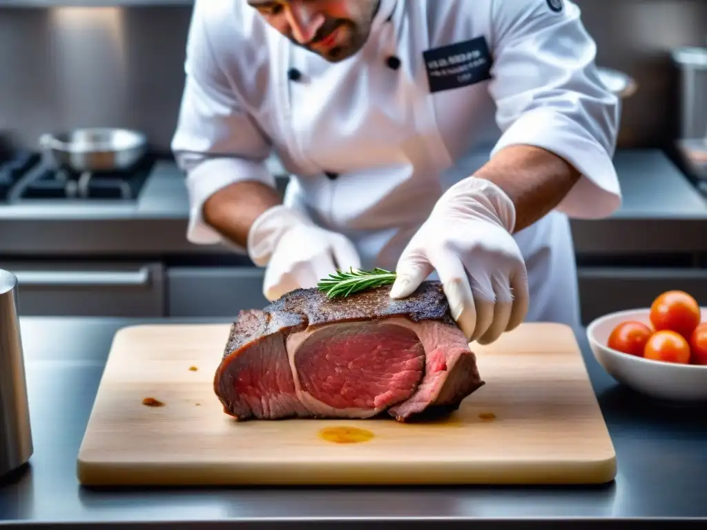 Un chef francés sellando al vacío una fina pieza de carne, destacando la precisión y arte de la técnica de cocción sous vide