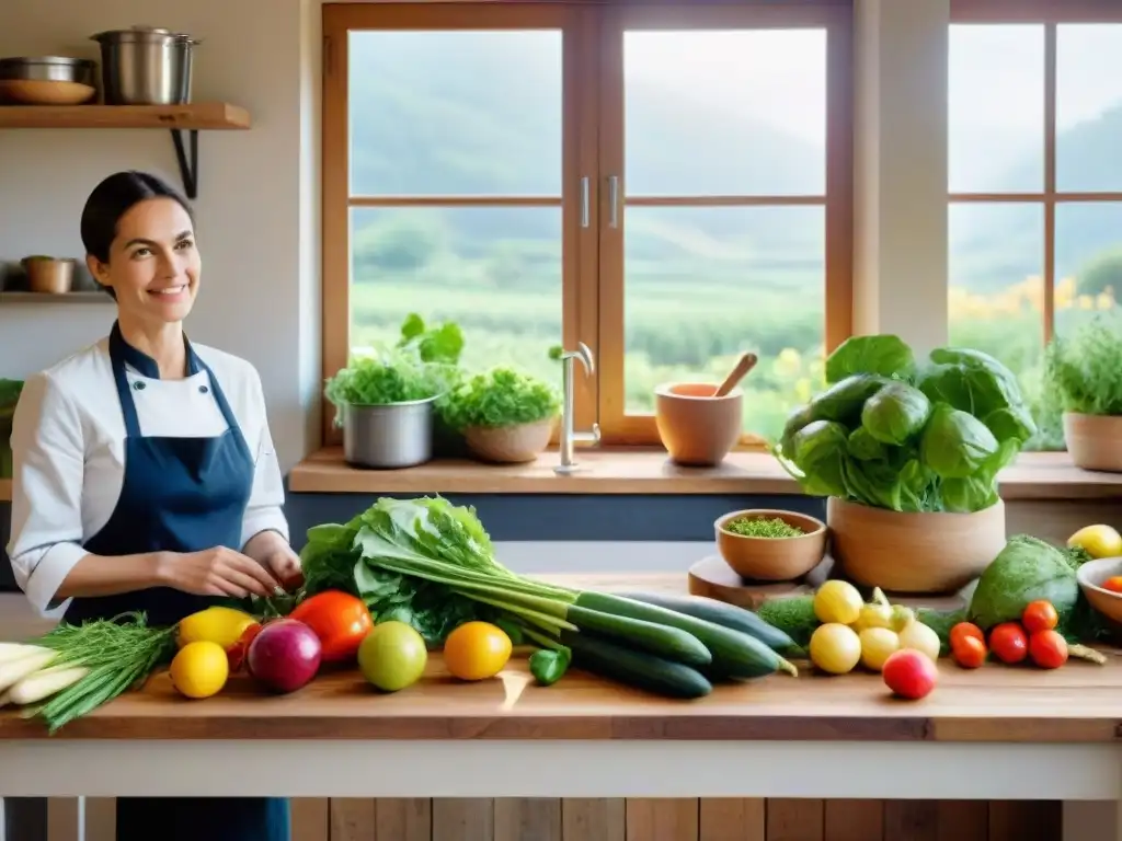 Un chef francés preparando vegetales frescos en una cocina rústica con principios de permacultura