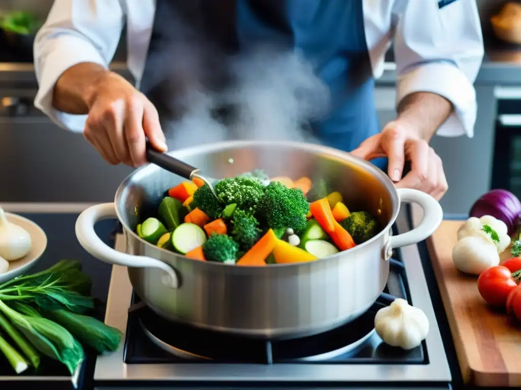 Un chef francés blanqueando vegetales perfectos con técnica experta en una cocina llena de actividad