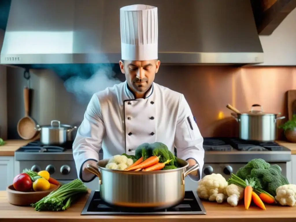 Un chef francés vaporizando vegetales vibrantes en una cocina rústica