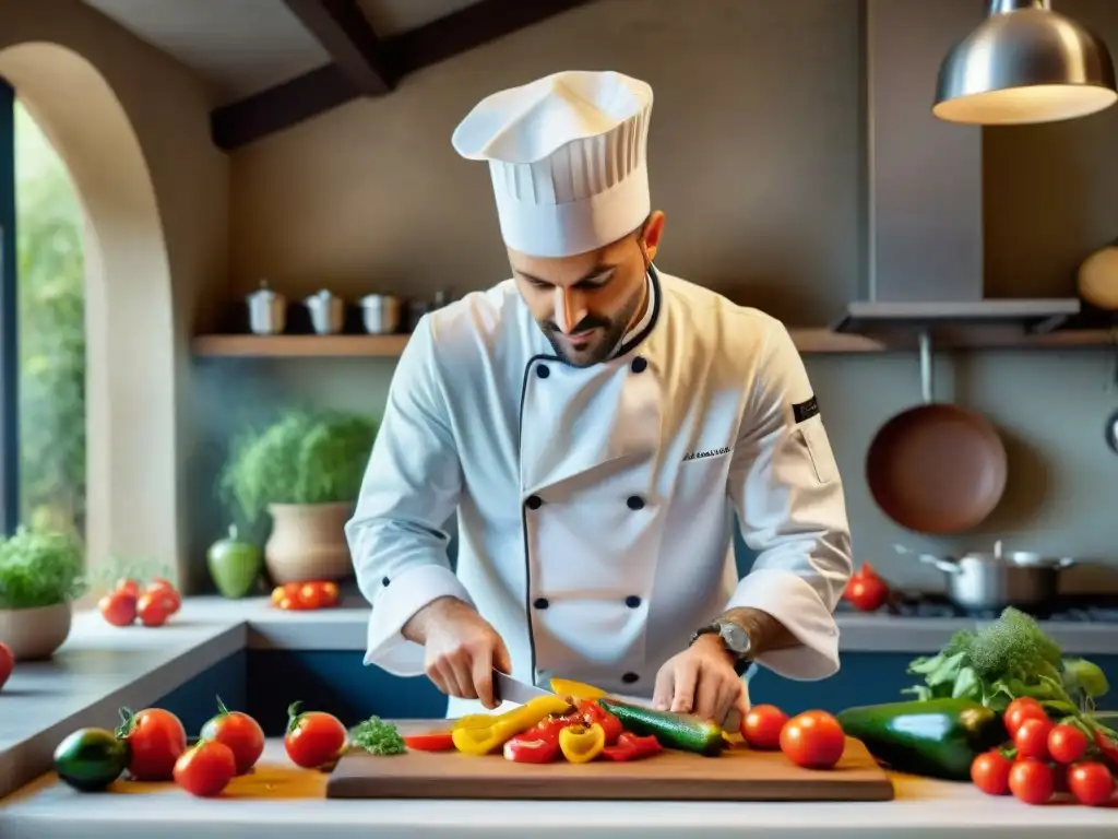 Un chef francés vegetariano preparando con maestría una colorida ratatouille en una cocina provenzal tradicional