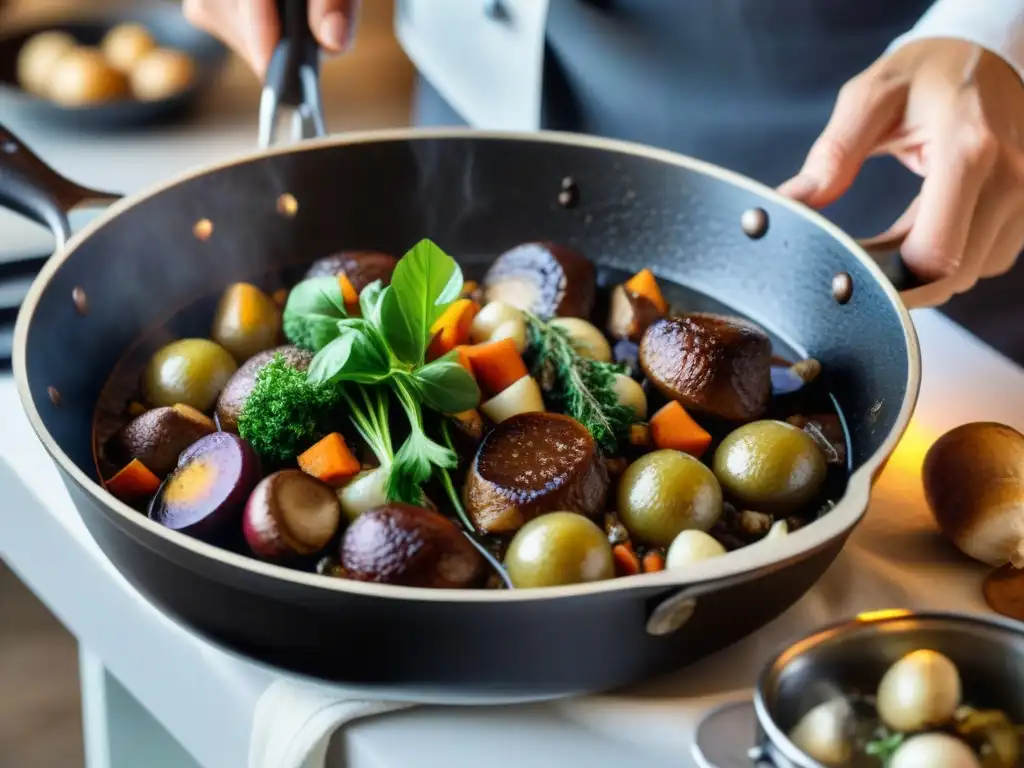 Un chef francés vegetariano preparando Coq au Vin con ingredientes innovadores en una animada cocina francesa