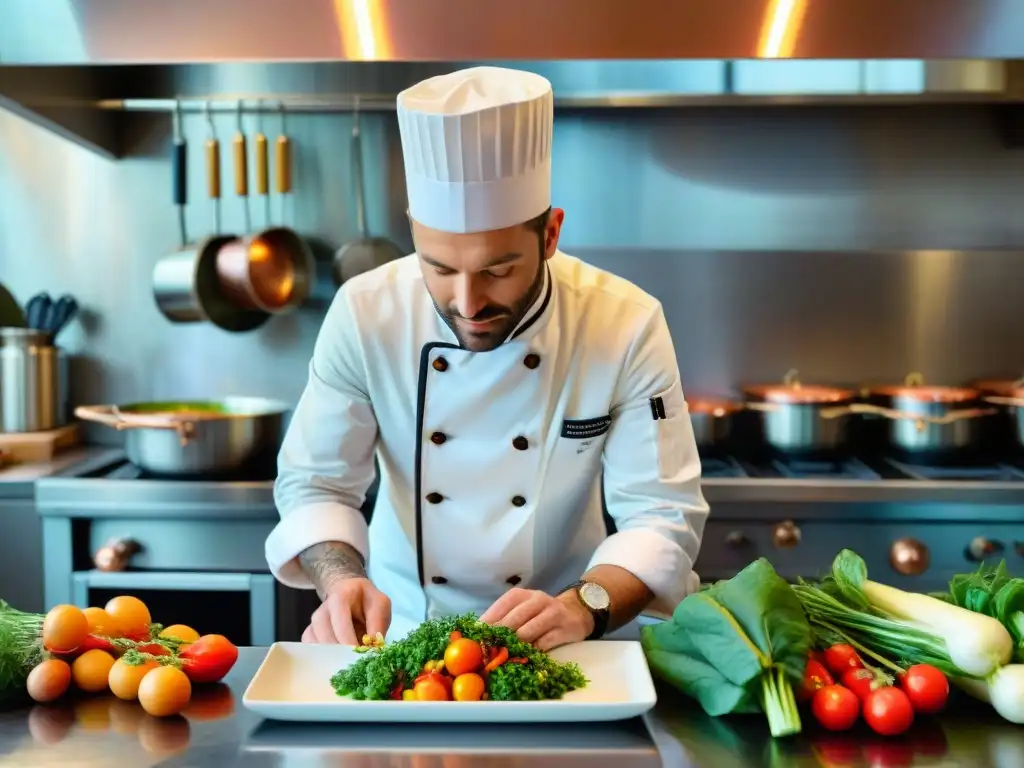 Un chef francés vegetariano preparando plato colorido en cocina tradicional