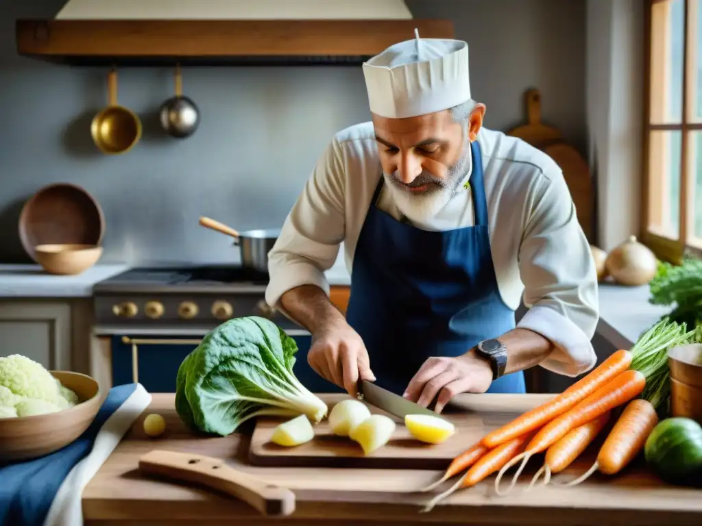 Un chef francés cortando verduras frescas en una cocina tradicional, evocando la receta chucrut francés fermentado