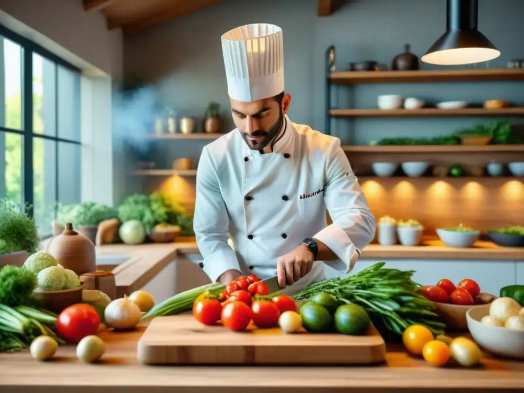 Un chef francés cortando verduras en tablas de cortar en una cocina rústica francesa