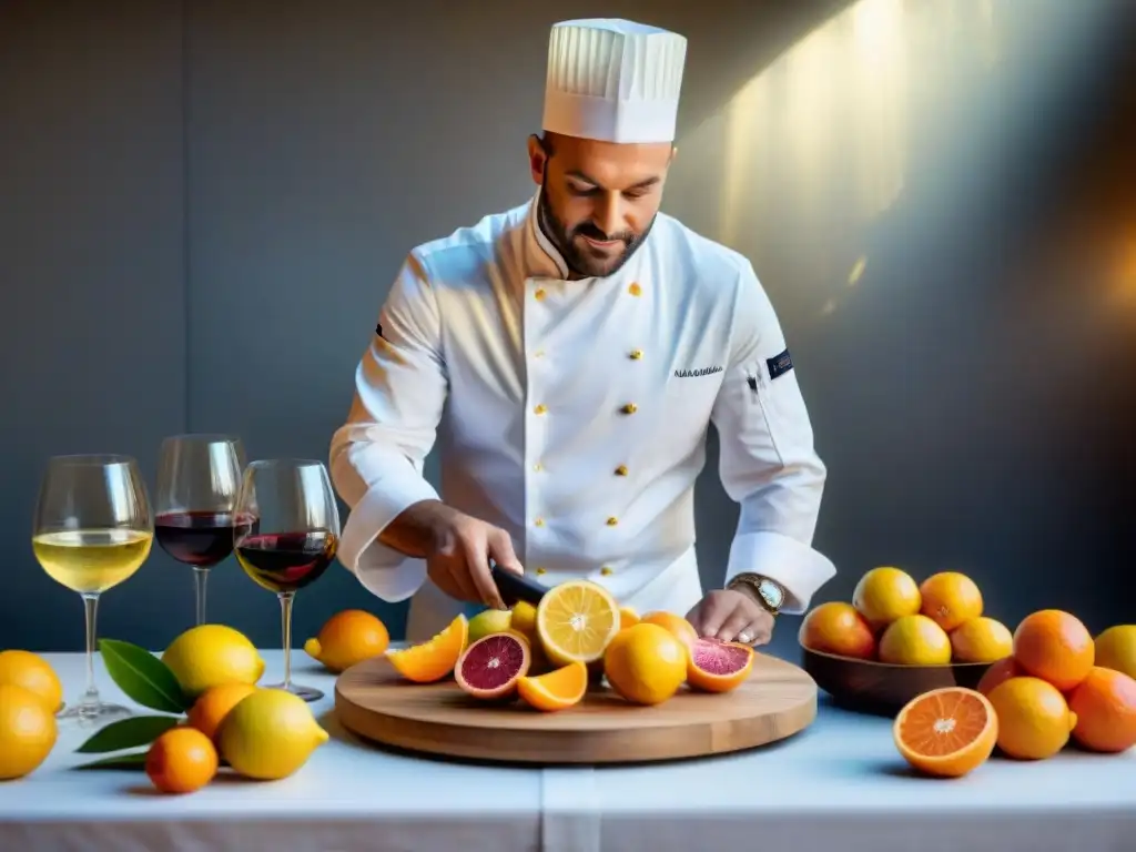 Chef francés maridando vinos con frutas cítricas en escena vibrante y detallada de cocina francesa