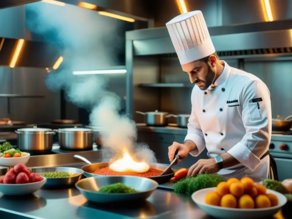 Un chef francés innovando en vivo, creando platos sorprendentes en una cocina bulliciosa