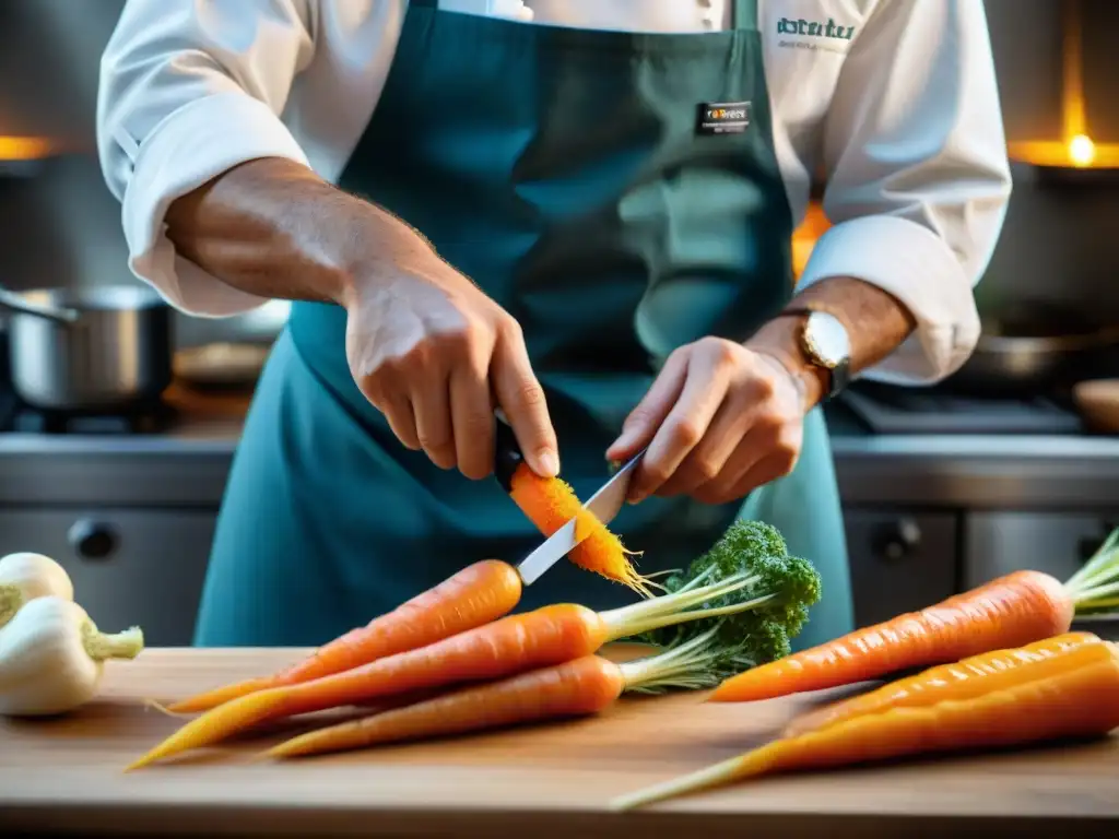 Un chef francés tallando una zanahoria con precisión experta y delicadeza, mostrando el arte del tallado en la gastronomía francesa