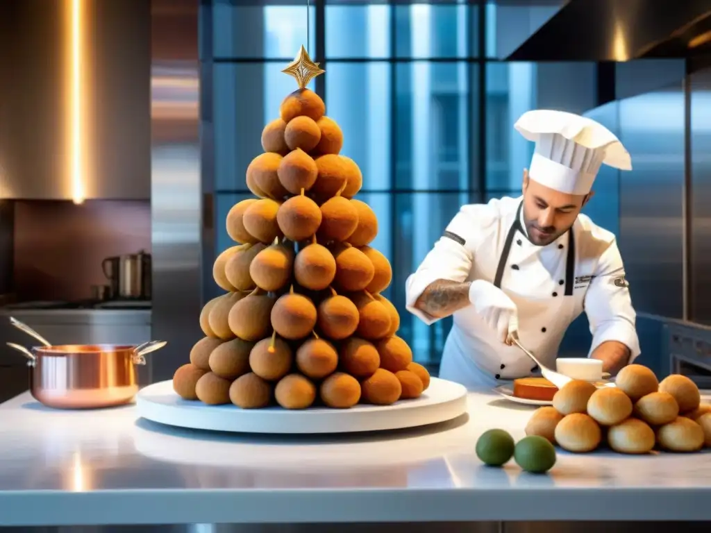 Un chef francés viste impecablemente, crea un croquembouche en París