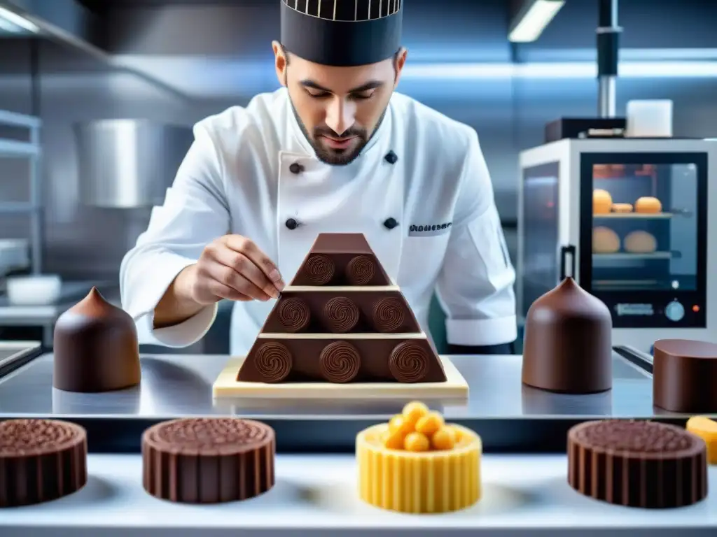 Chef supervisa impresión 3D en gastronomía francesa de esculturas de chocolate detalladas en laboratorio culinario moderno