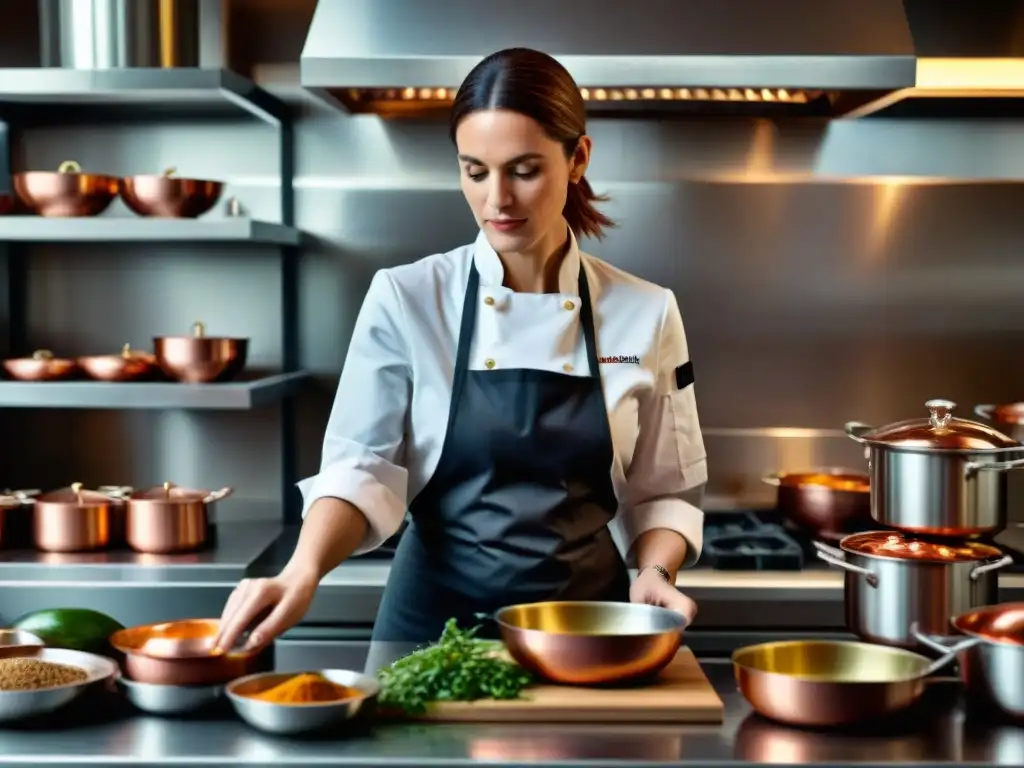 Una chef francesa experta adorna un plato gourmet en una cocina bulliciosa