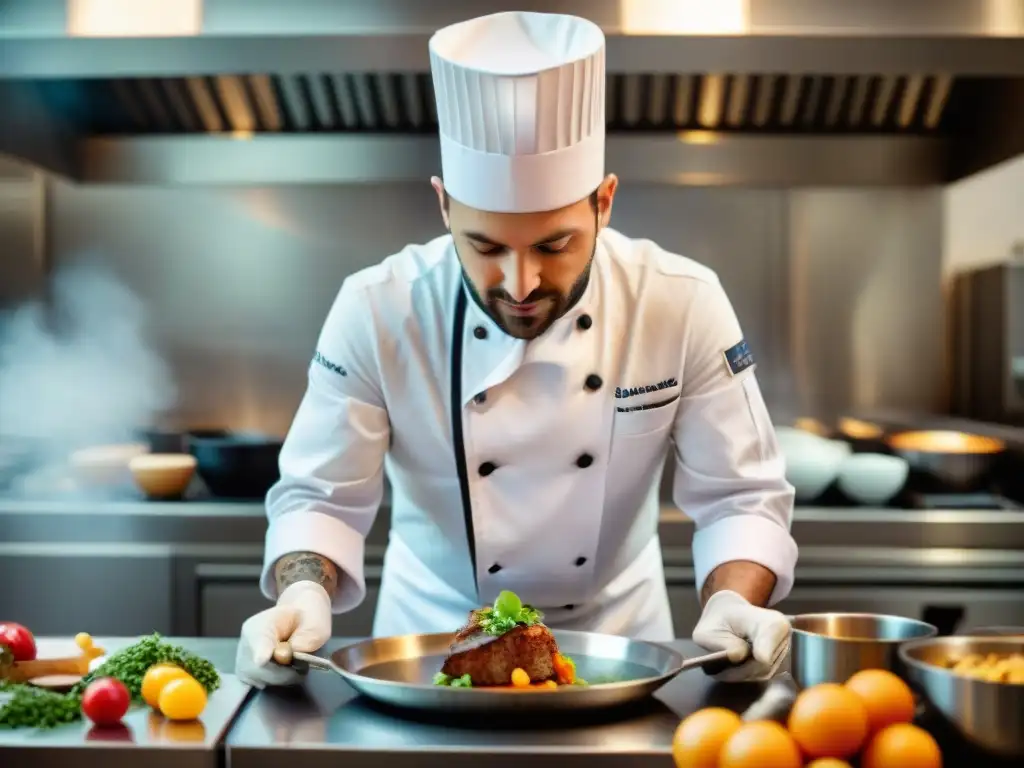 Chef de alta gastronomía francesa fusionando técnicas tradicionales con sabores globales en cocina industrial