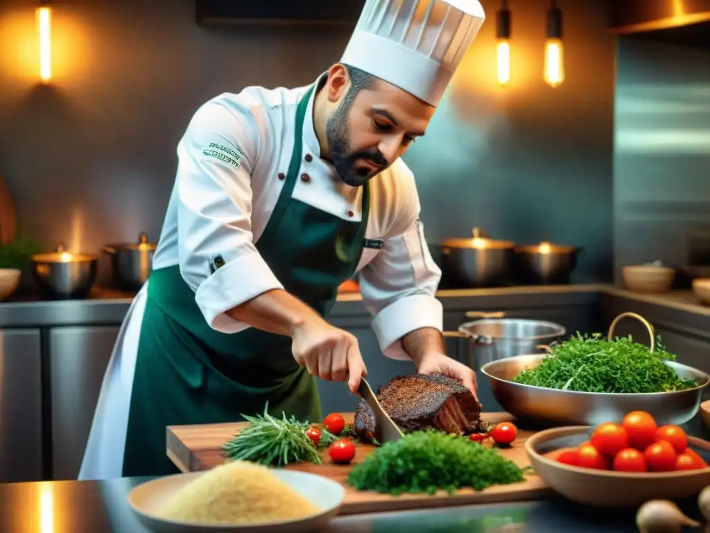 Un chef francés-árabe famoso preparando 'Cordero Árabe Francés' en cocina rústica y moderna