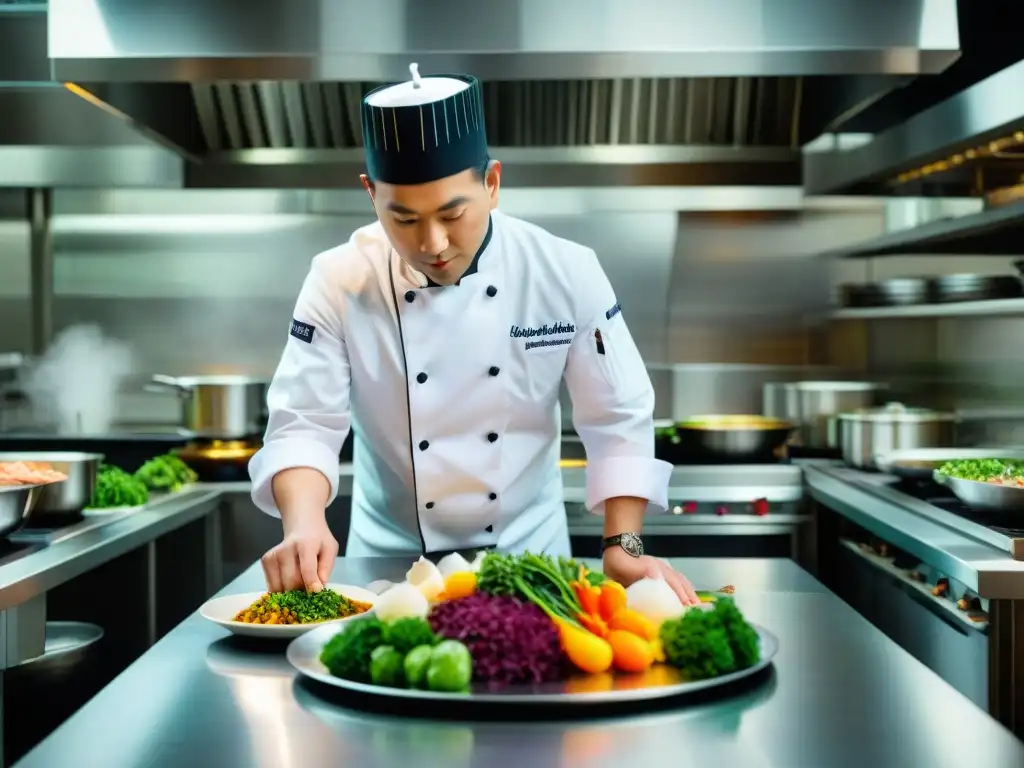 Un chef francés-asiático crea una exquisita fusión culinaria en una cocina vibrante