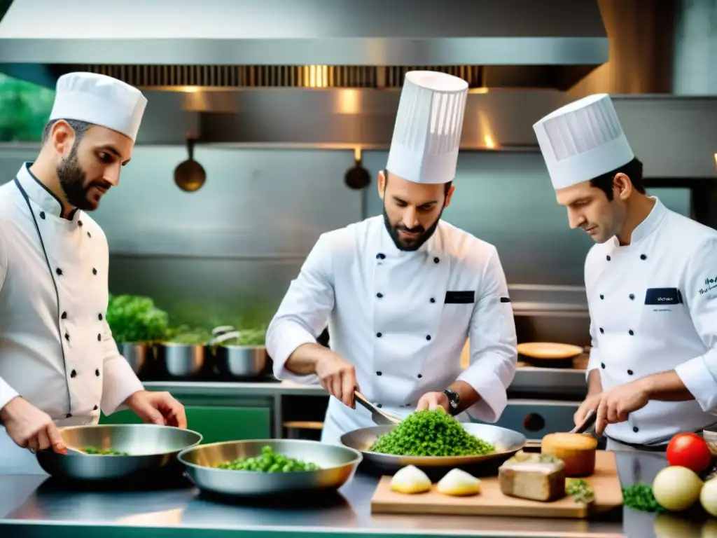 Chef franceses en cocina innovadora y sostenible, creando platos vibrantes con ingredientes orgánicos