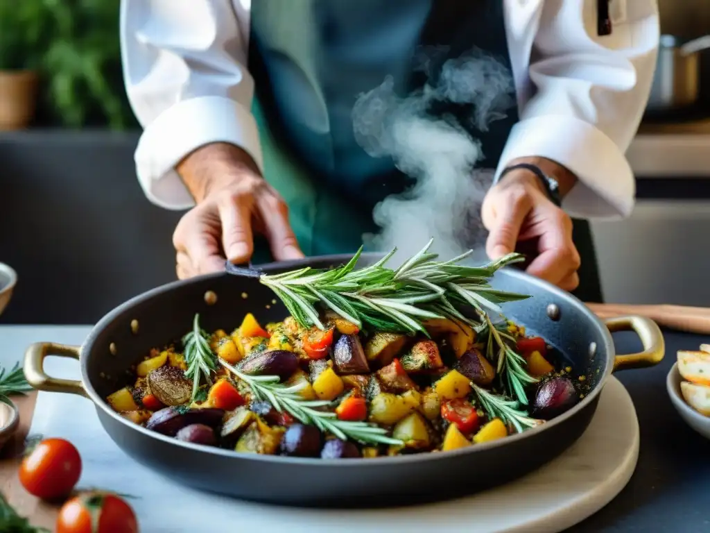 'Chef esparciendo romero fresco sobre ratatouille provenzal, reflejando el uso del romero en Francia