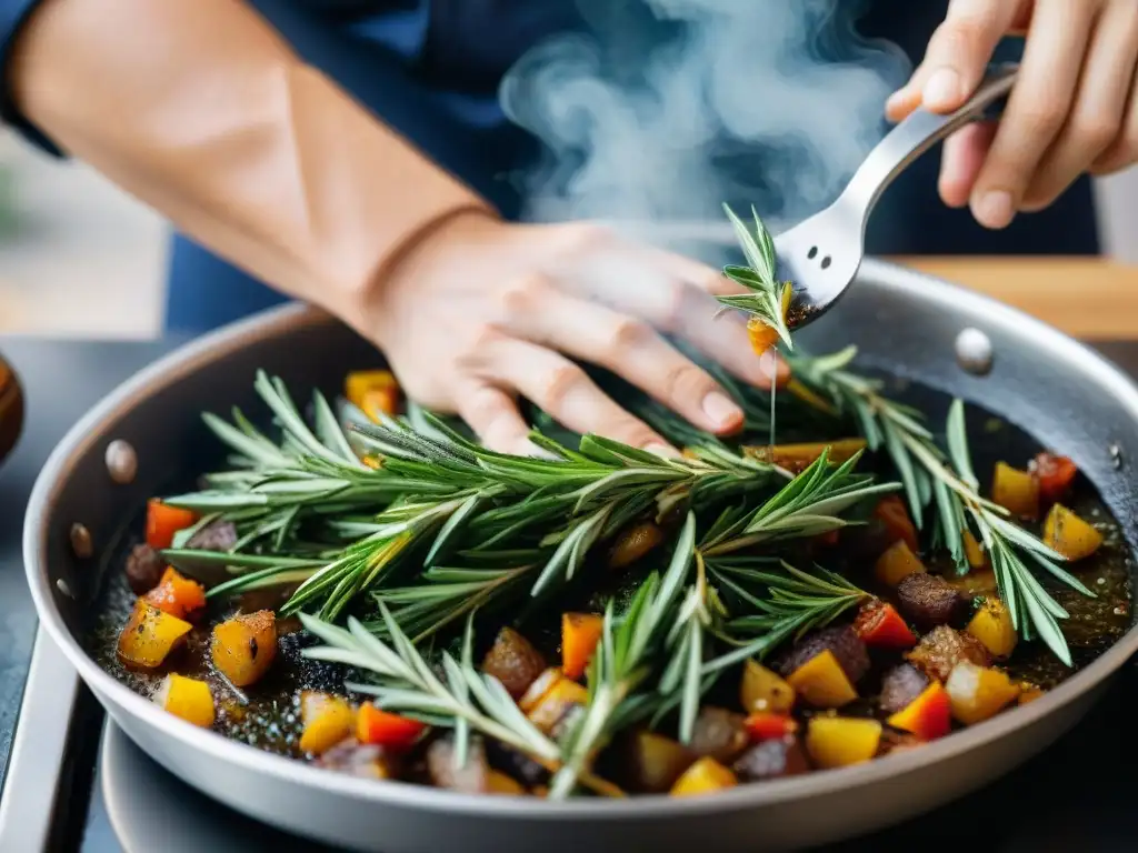 Un chef esparciendo romero fresco sobre ratatouille, resaltando el uso del romero en Francia