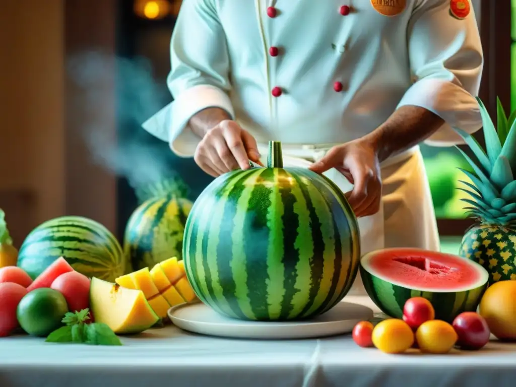 Un chef hábil tallando frutas vibrantes con precisión y arte