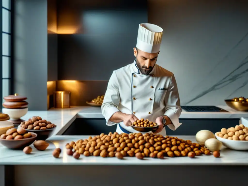 Un chef francés arregla frutos secos premium en una elegante cocina francesa