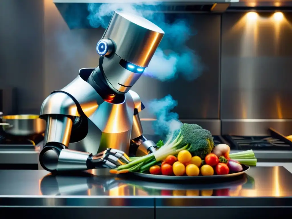 Un chef robot futurista preparando platos franceses perfectos en una cocina moderna