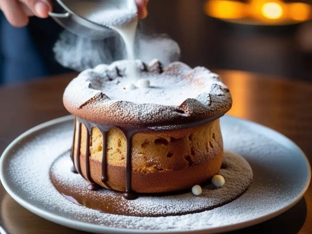 Un chef francés espolvorea azúcar glas sobre un suflé de chocolate, resaltando la exquisitez de los vinos y postres franceses