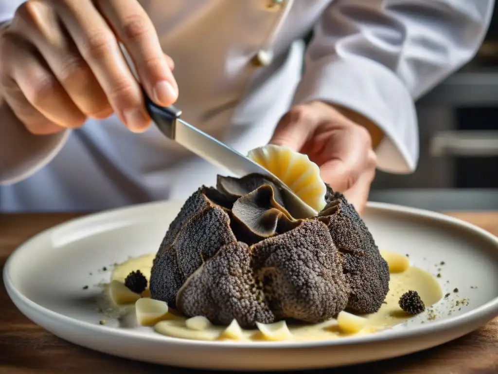 Un chef francés gourmet en una cocina tradicional, delicadamente rallando trufas negras frescas sobre un exquisito plato