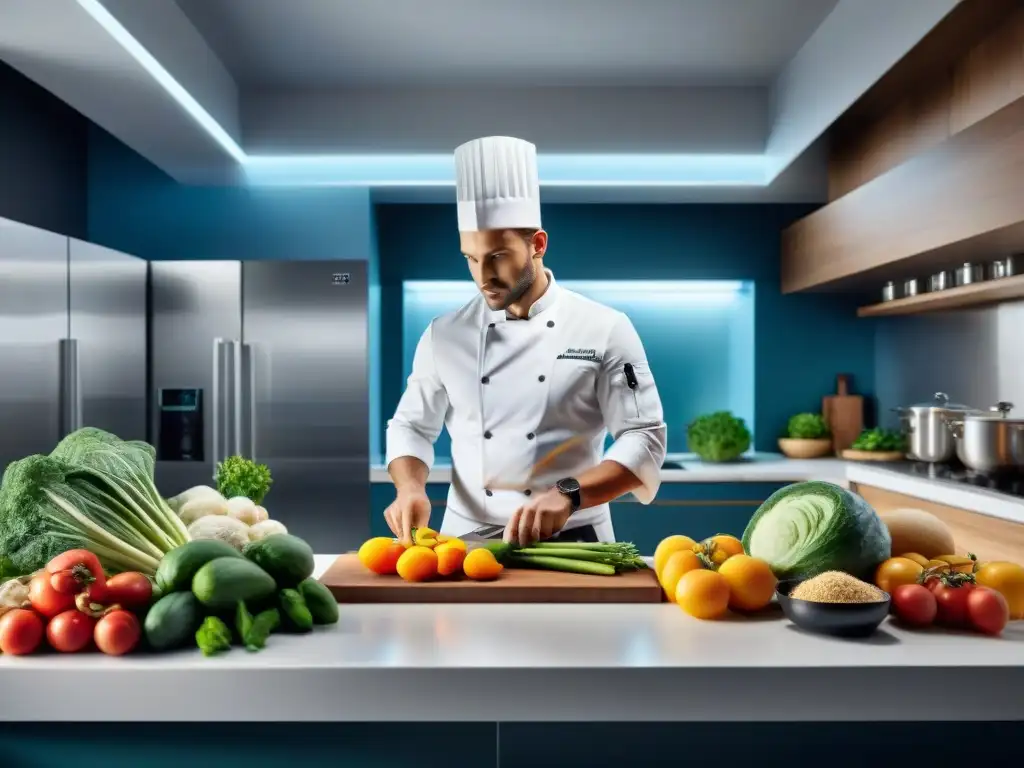 Chef francés preparando nutrición gourmet para deportistas en cocina profesional