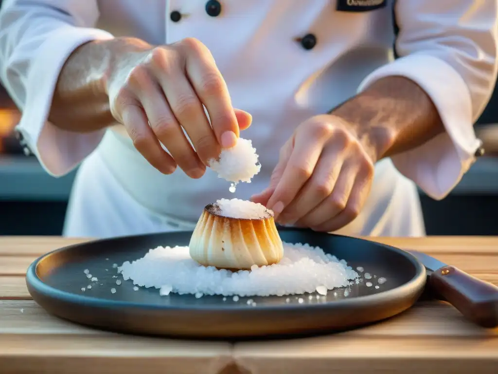 Un chef francés gourmet experto espolvorea sal de mar francesa sobre una vieira perfectamente sellada en un mercado al aire libre en Provenza, Francia