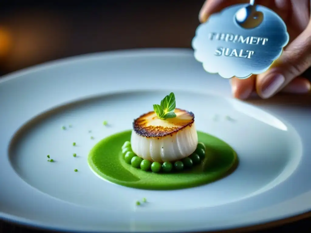 Un chef gourmet francés espolvoreando con delicadeza sal de mar francesa gourmet sobre una vieira sellada, en una cama de puré de guisantes vibrante