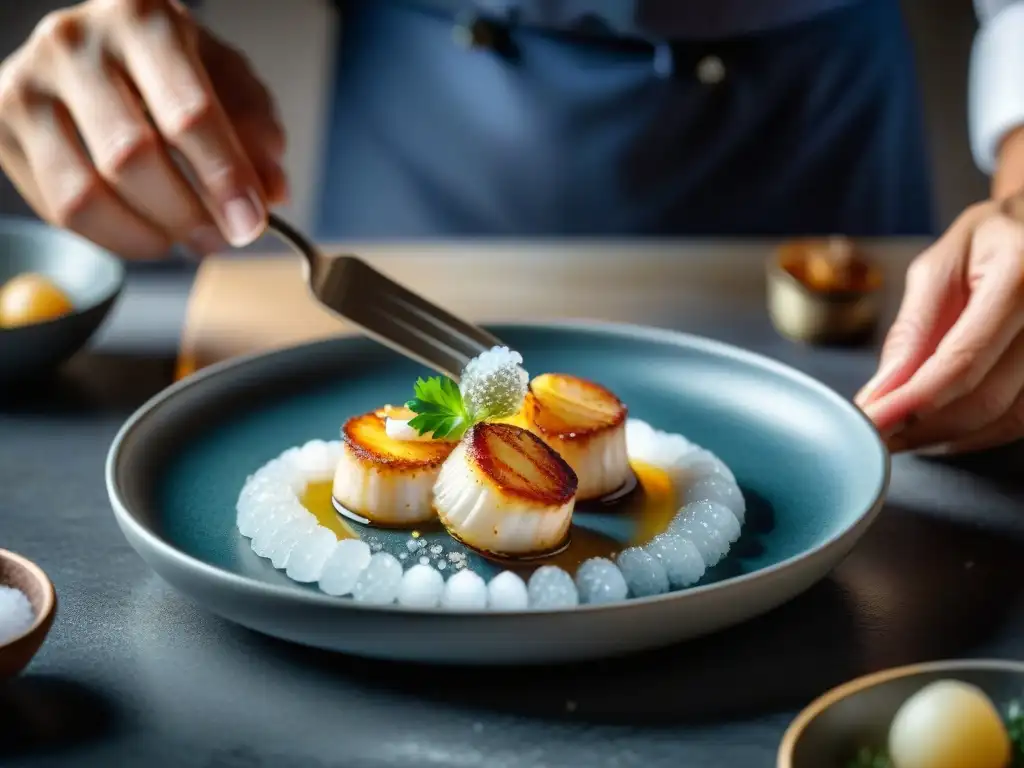 Un chef gourmet francés esparciendo delicadamente sal de mar francesa sobre vieiras selladas en un elegante plato