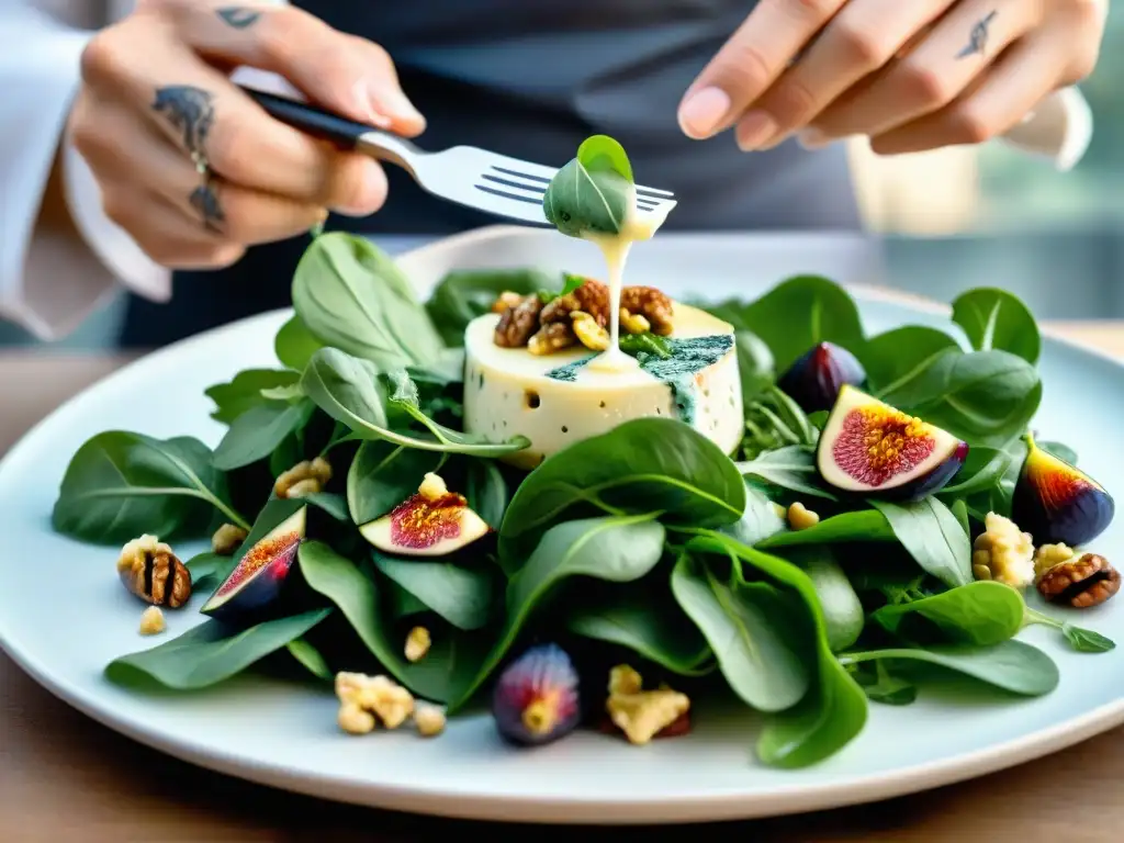 Un chef gourmet desmenuza queso Roquefort sobre una ensalada vibrante