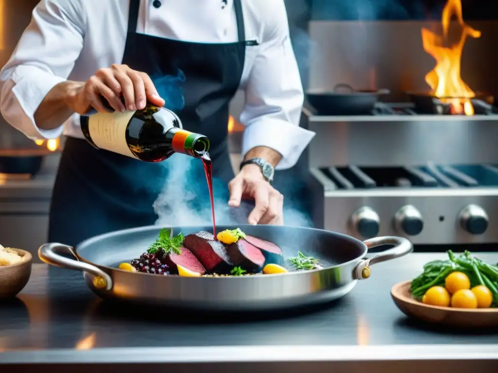 Un chef gourmet francés vierte vino tinto en una sartén con ingredientes frescos, capturando la esencia de la cocina con vino francés gourmet