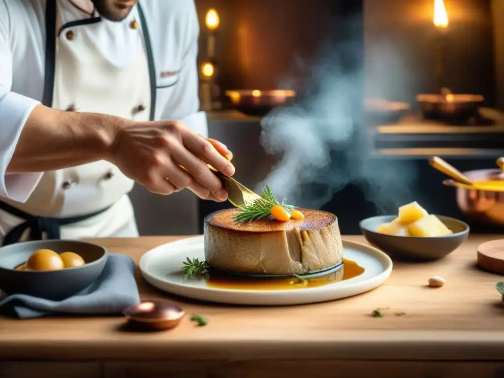 Chef francés preparando foie gras en cocina elegante