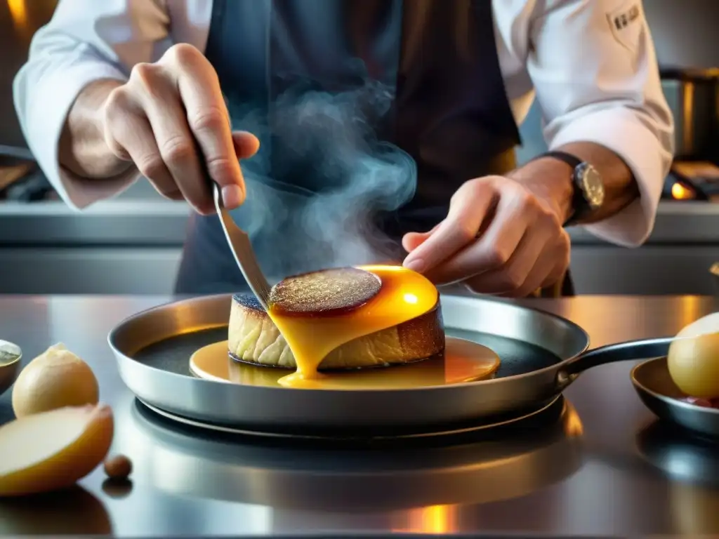 El chef francés prepara foie gras, capturando la esencia de la cocina tradicional