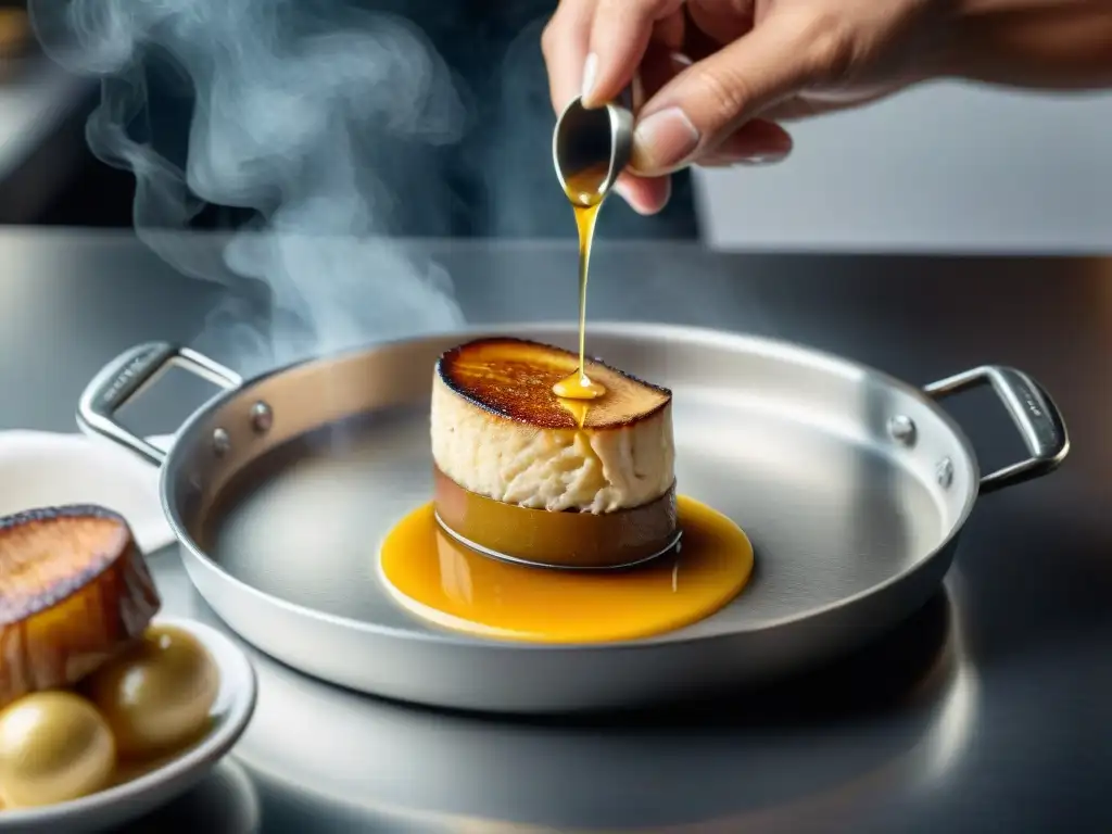 Chef preparando foie gras con técnicas avanzadas, capturando la perfección dorada