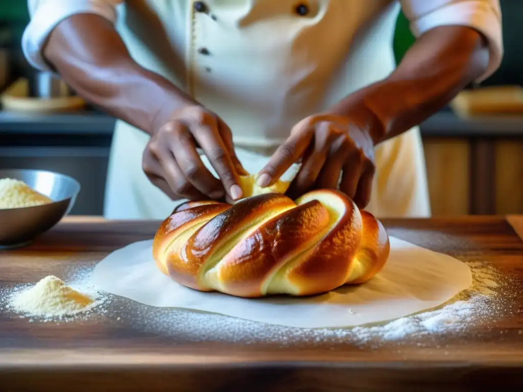 Maestro guadalupeño trenzando brioche tradicional: arte culinario caribeño Un chef guadalupense experto en técnicas culinarias Guadalupe Martinica elaborando una brioche tradicional con intrincada trenza