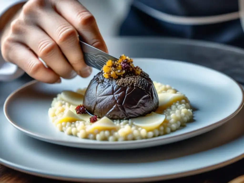 Chef francés con guantes, rallando una trufa de Borgoña sobre risotto cremoso