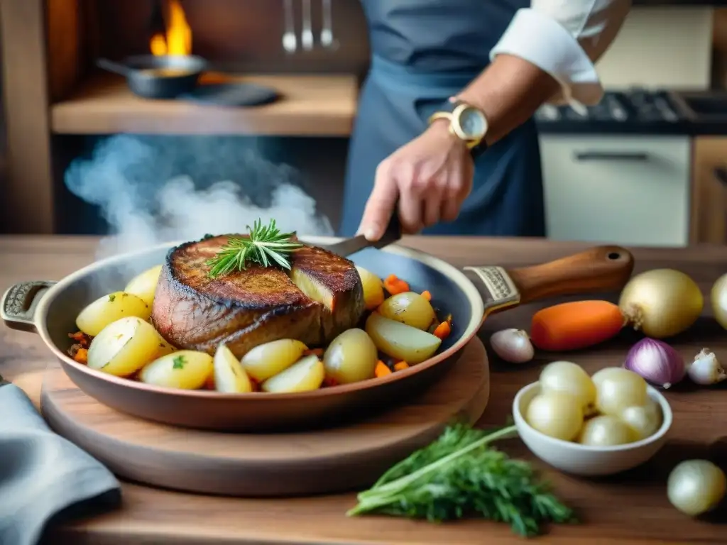 Un chef crea un guiso alsaciano en una cocina tradicional, con ingredientes frescos y una atmósfera cálida