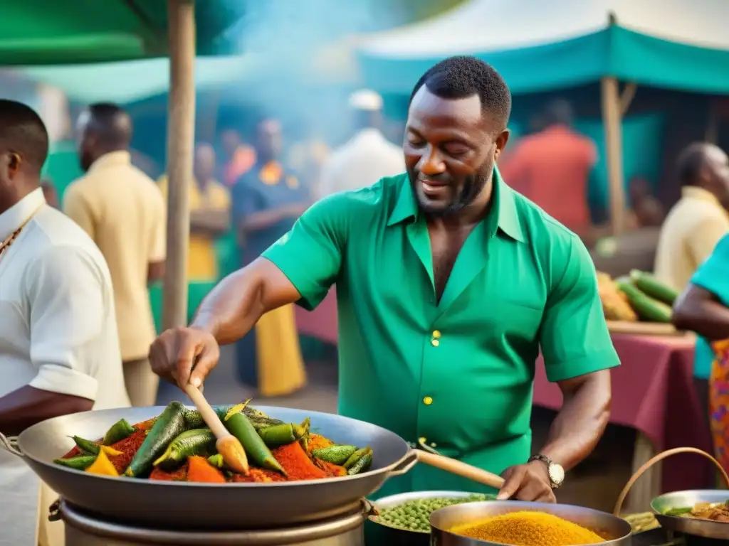 Un chef martiniqués sazona expertamente un guiso criollo con influencia africana en un mercado al aire libre animado