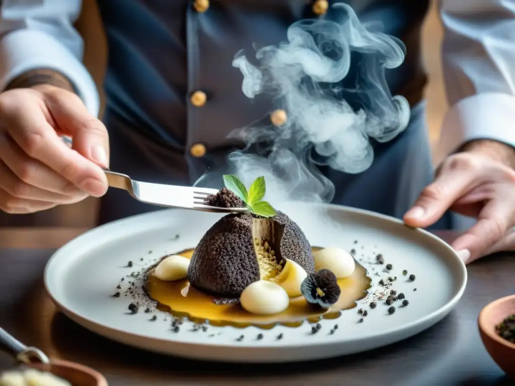 Un chef habilidoso en una cocina francesa tradicional, cortando trufa negra de Périgord sobre un plato