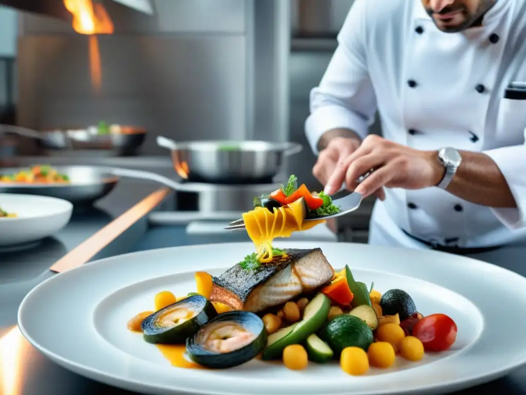 Un chef habilidoso plateando con innovación en la cocina francesa, en un restaurante de alta gama