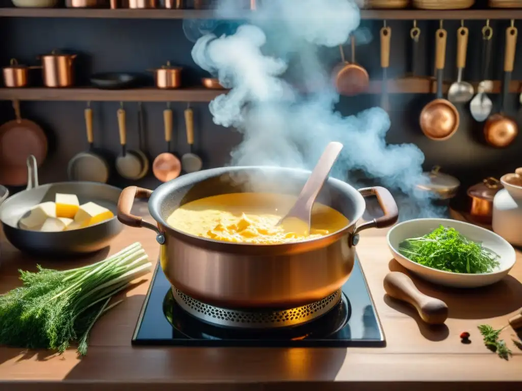 Un chef habilidoso prepara fondue de queso en una cocina alpina tradicional