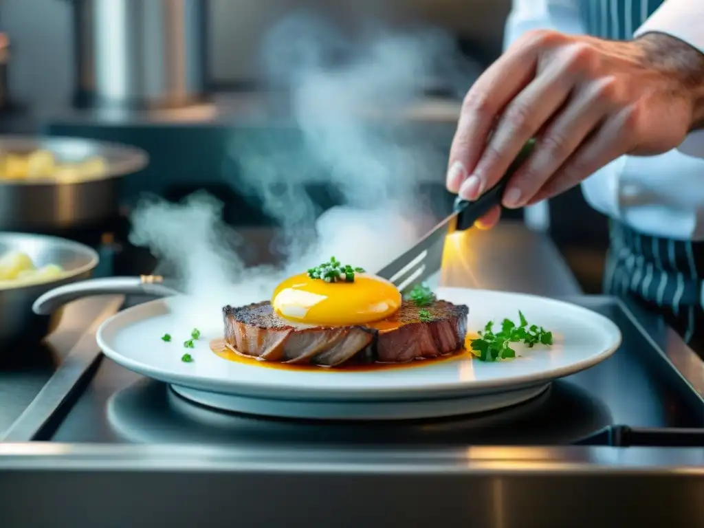 Chef habilidoso preparando plato Lyonnaise en cocina profesional