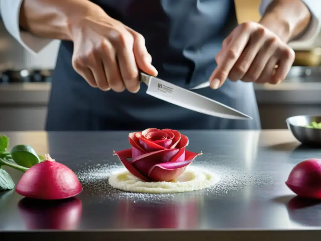 Un chef habilidoso esculpe una rosa detallada en un rábano rojo, con precisión y arte