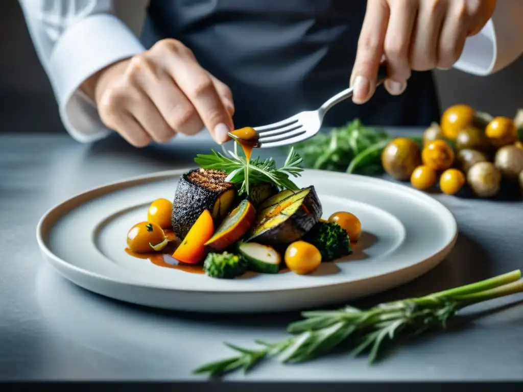 Un chef habilidoso vierte una salsa velouté vegana sobre verduras asadas