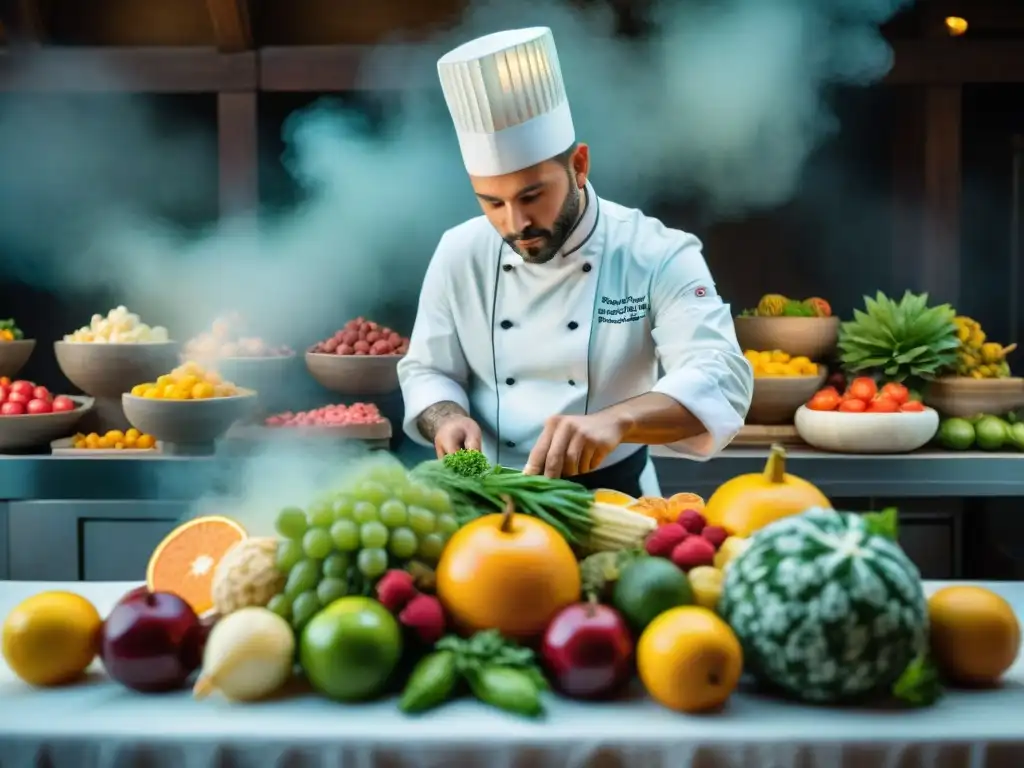 Un chef habilidoso talla con precisión en un bloque de hielo, rodeado de esculturas de frutas y verduras