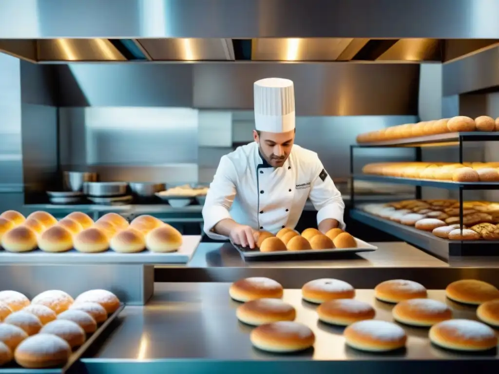 Un chef utiliza herramientas modernas en una panadería pastelería francesa, fusionando tradición e innovación